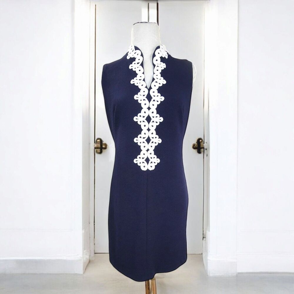 Vince Camuto Navy Blue White Swirl Applique Sheath Mini Dress Women's Size 6